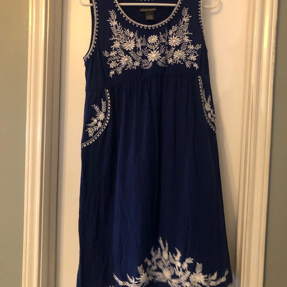 Chelsea & Theodore Navy Dress with White Floral Embroidery